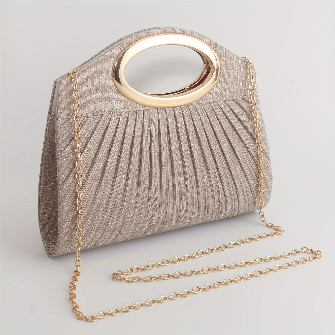 

Elegant Solid Color Pleated Handbag For Women, Lightweight Polyester With Magnetic Closure, Featuring A Golden Handle, Single Shoulder Strap With Chain For Crossbody Wear.