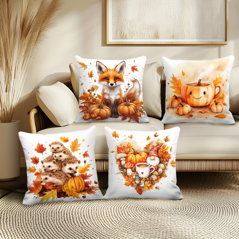 

4-pack Rustic Farmhouse Throw Pillow Covers, Autumn Thanksgiving Decor, Polyester, Pumpkin, Fox, Hedgehog Print, Zipper Closure, 18x18 Inches, For Living Room & Bedroom Decor, Machine Washable