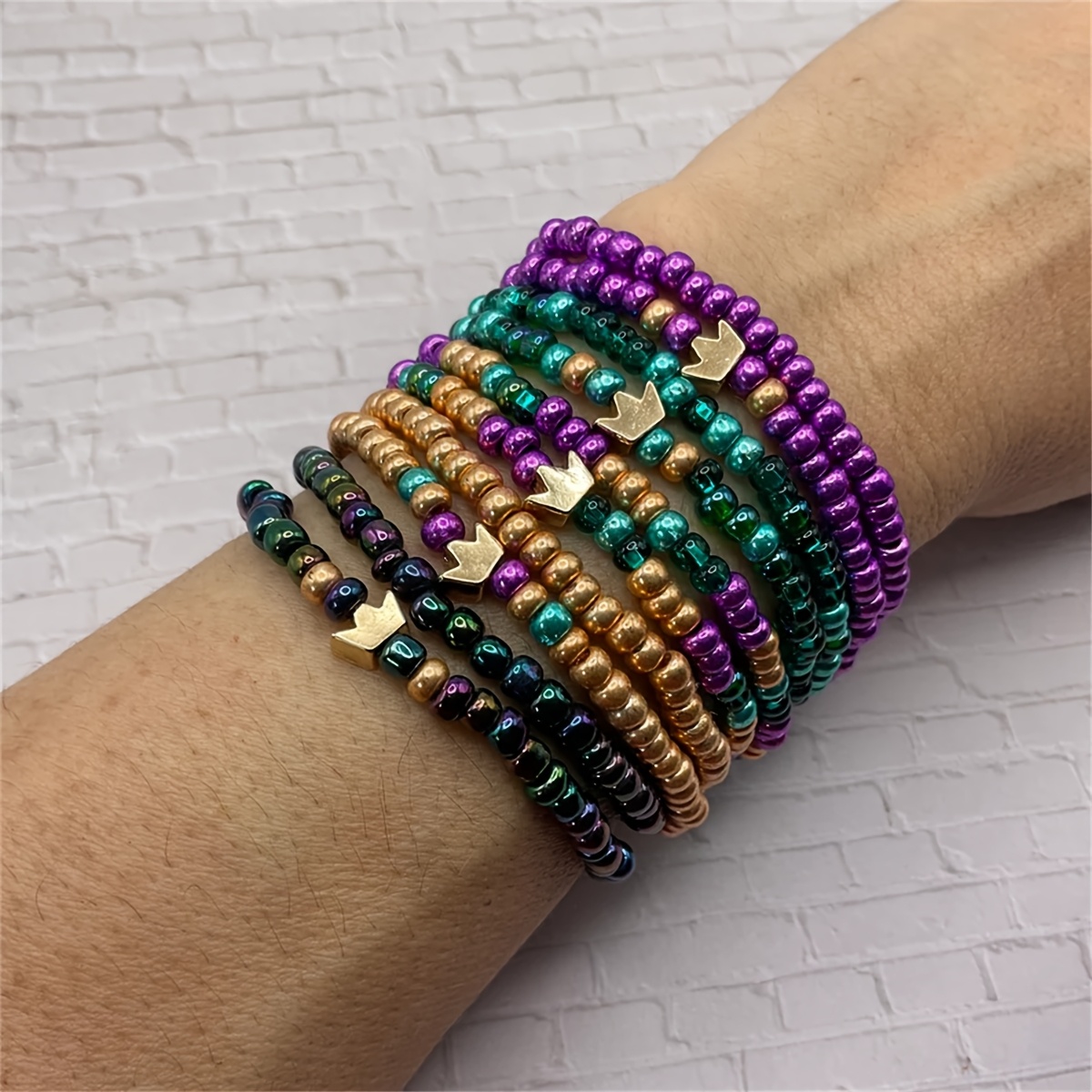 

10pcs Style Mardi Gras Beaded Bracelets, Crown & Metallic Glass Seed Beads, Stretch Wristbands, Daily & Festival Celebration Accessories, Gift