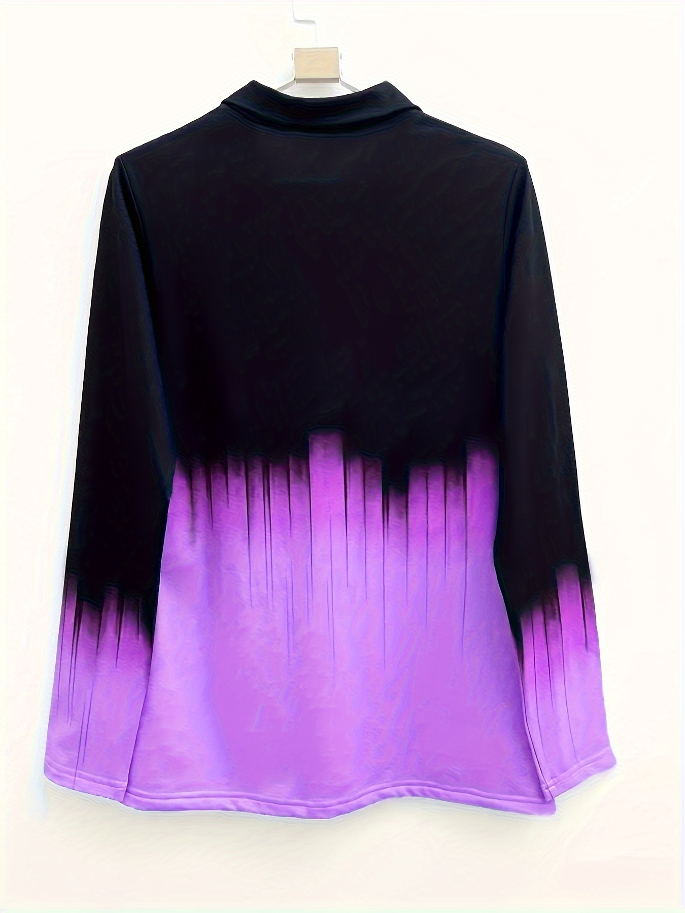 Plus Size Women's Casual Gradient Print Half-Zip T-Shirt Sweater Purple  to Black Ombre, Round Neck, Machine Washable, Spring/Fall Layering Essential