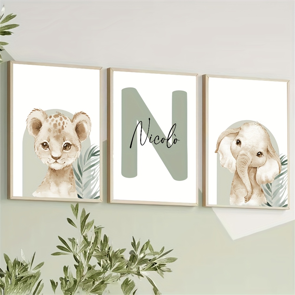 TEMU 2d Flat, 3pcs Set Personalized Name Custom Posters, Lion Canvas Painting, Elephant Art Print, Green Plant Leaves Wall Poster, Frameless Jungle