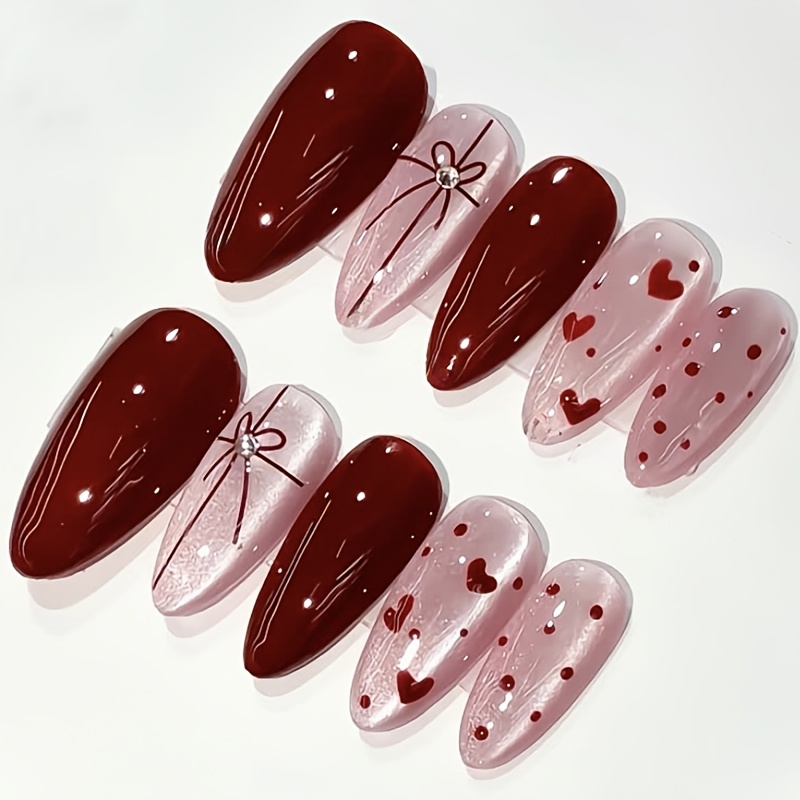 TEMU Almond-shaped Acrylic Press-on Nails For Valentine's Day, Featuring A Design. Reusable Fake Nails Come With Heart Bows And 3d Rhinestones,