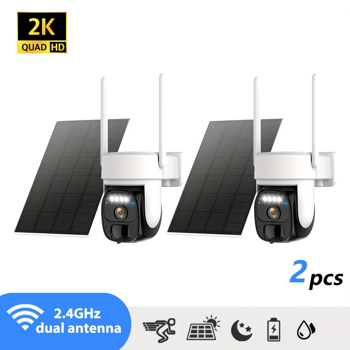 

360 Solar Panel 2k Fhd Wifi Camera Cctv Ip Security Camera Wireless Outdoor [2pcs], Ip66 Waterproof, With Ai Motion Detection, Color Night Vision And Two-way Audio Functions.