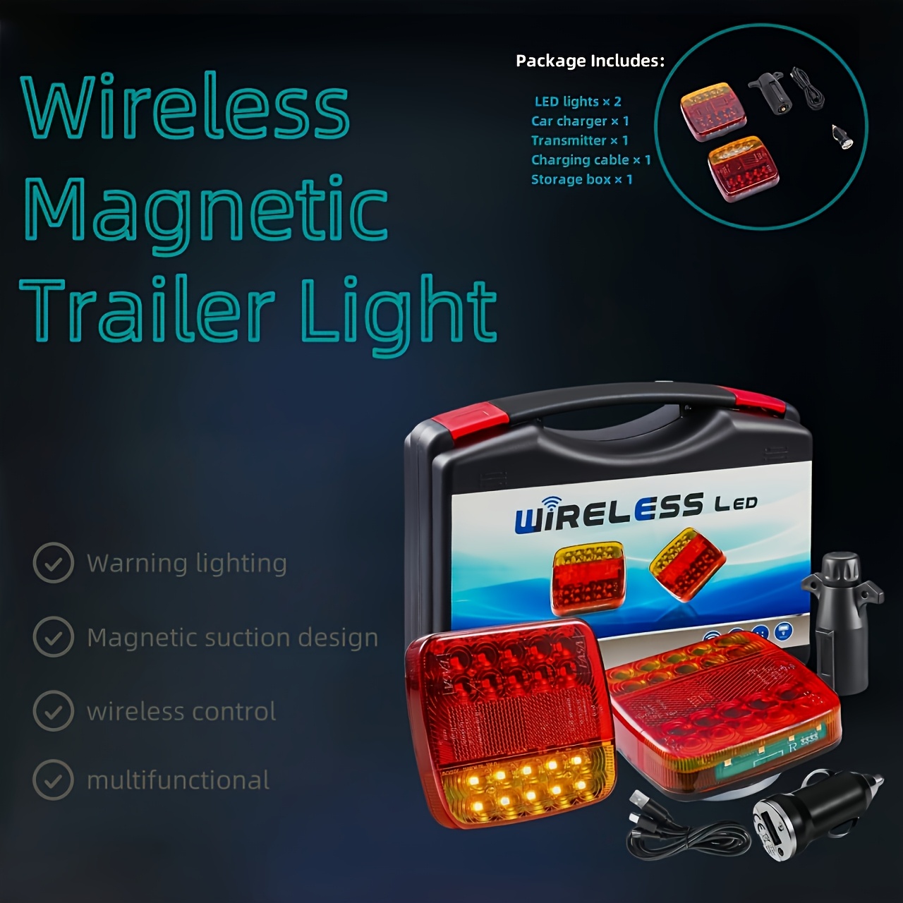 Partsam LED Magnetic Towing MMF7 Tail Light Wireless LED Light Kit Universal Stop Turn Running Backup Reverse Light Red Clear Lens W 7 Pin Plug - View #11