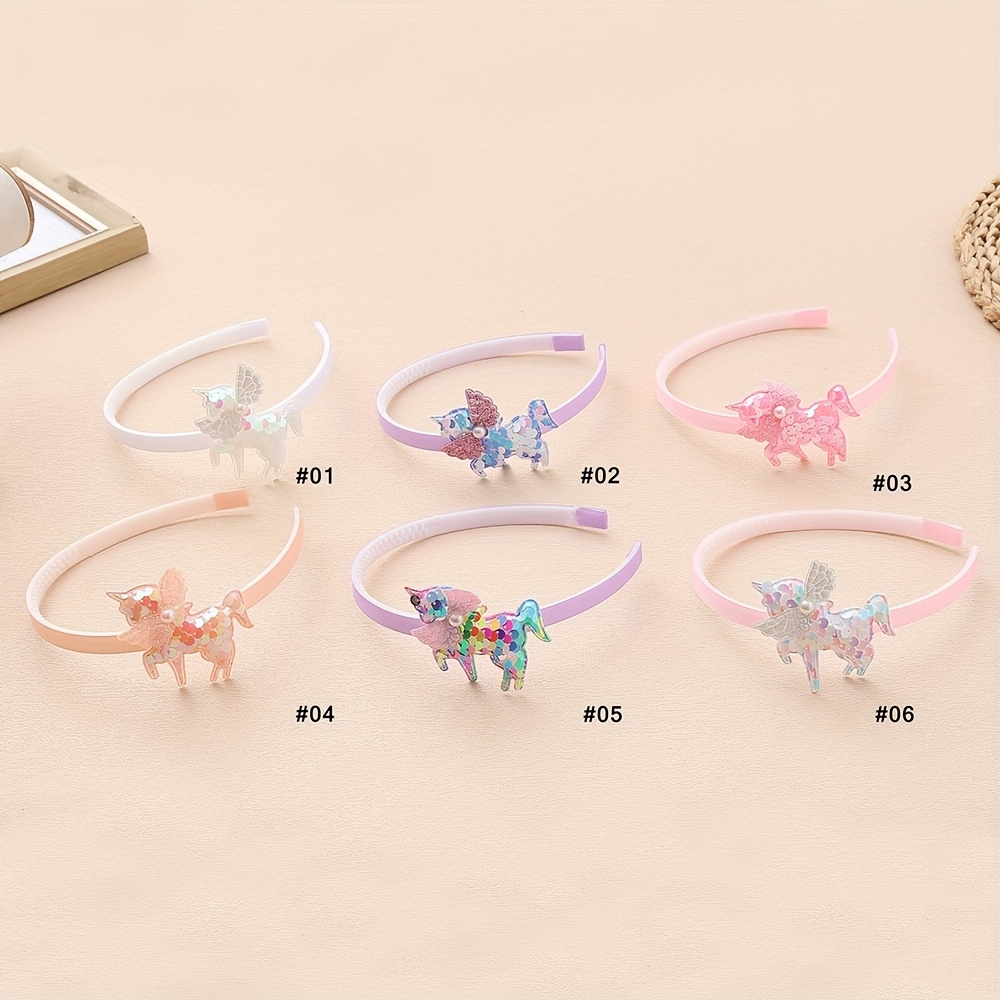 Image of 6pcs Set Of Sequined Unicorn Cute Girl Hairbands, Suitable For Daily And Holiday Use, Ideal Gift