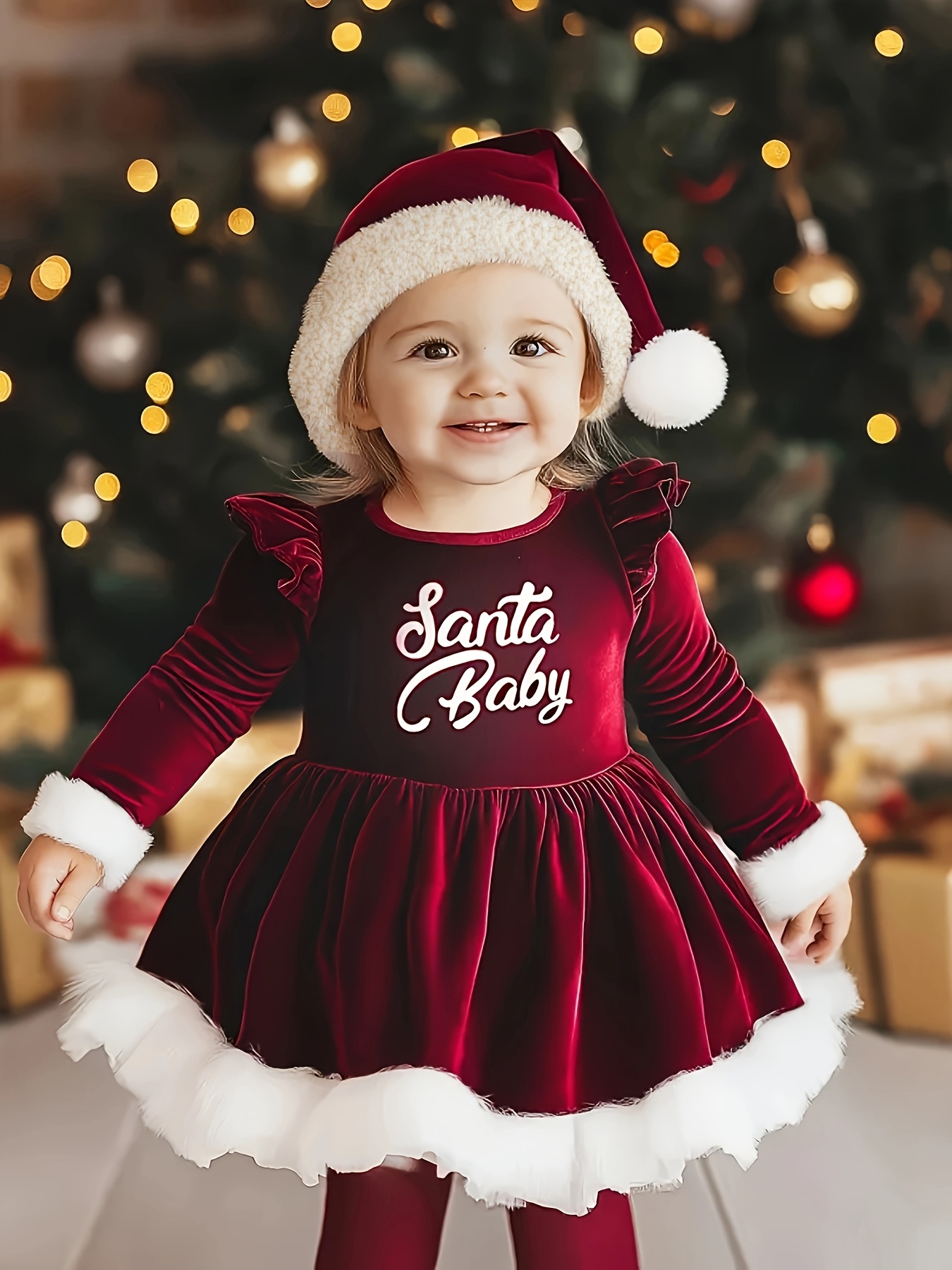 Baby Kerstfeestjurk met Kerstmuts & Pluche Manchetten - Rood & Wit "Santa & Jongeren" Letterprint, Zacht Rekbaar Breiwerk, Opgepompte Mouwen