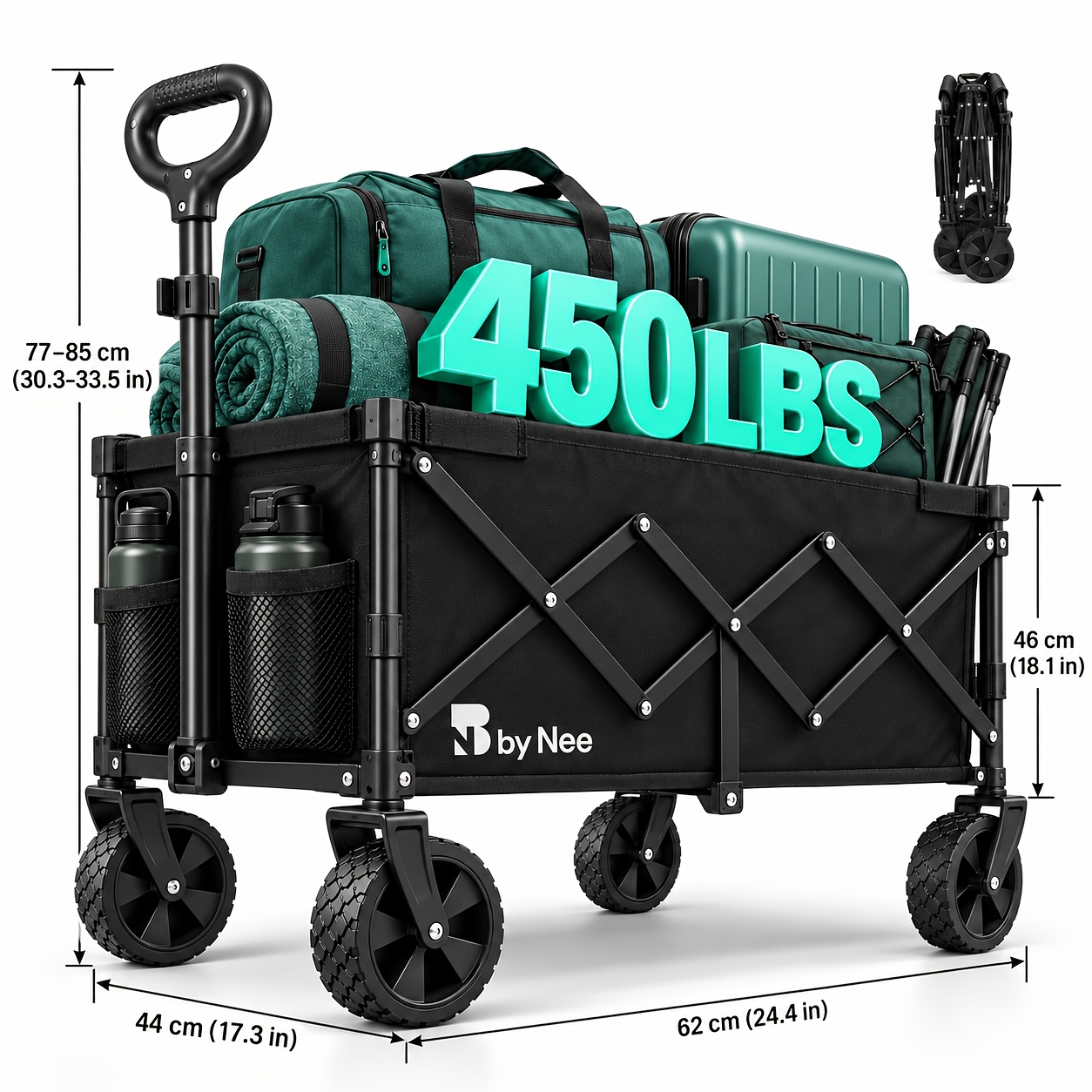 TEMU Foldable Utility Wagon, Collapsible Cart For Camping, Shopping & Pet Transport, Carbon With 600d Oxford Fabric, Black