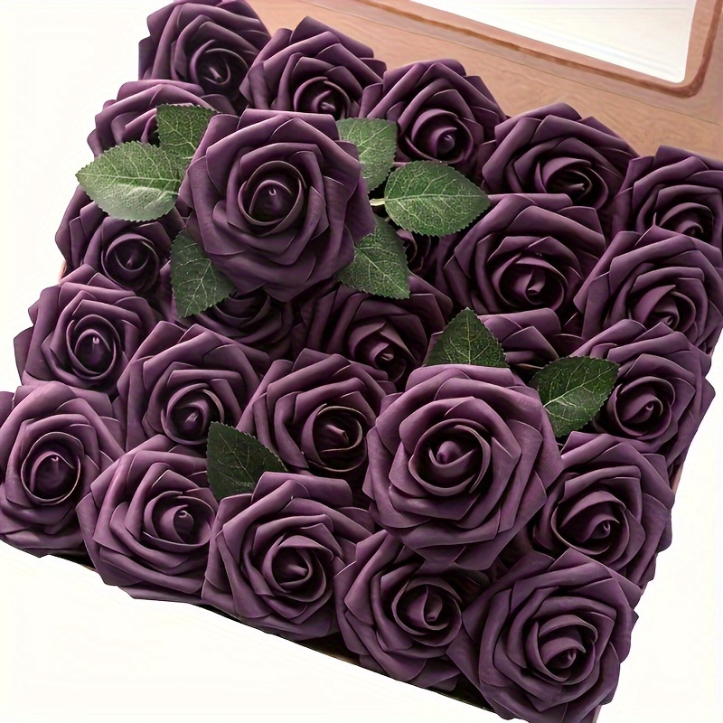 

25pcs Lifelike Plum Foam Roses With Stems - Diy Wedding Bouquets, Bridal Showers & Home Decor