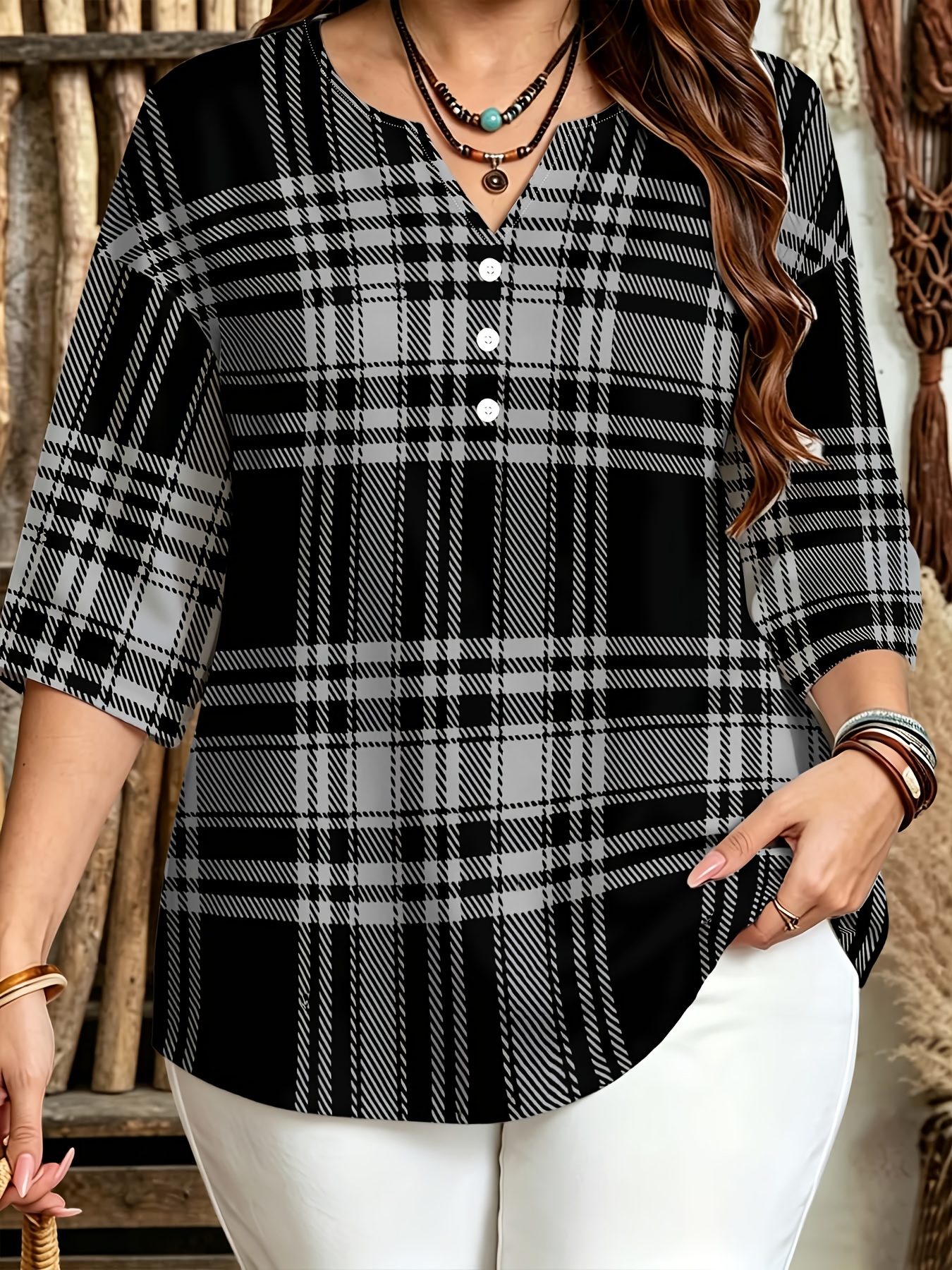 item picture plaid v neck three quarter sleeve blouse for women loose fit casual top new summer fashion shirt for women