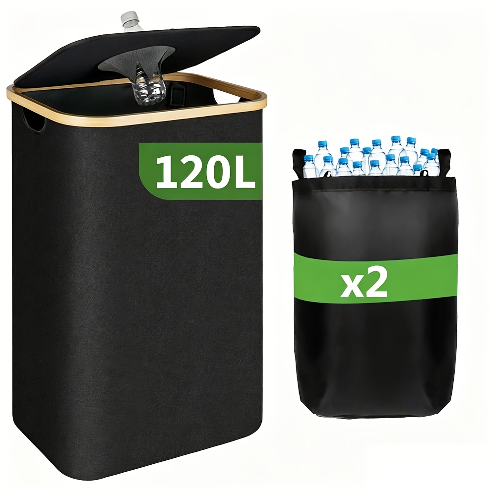 Foldable Recycling Container For Plastic Bottles Cans Glass, 120l Large Capacity Oxford Cloth Storage Bin With Silicone Hole & Side Pocket, Detachable Washable Inner Liner
