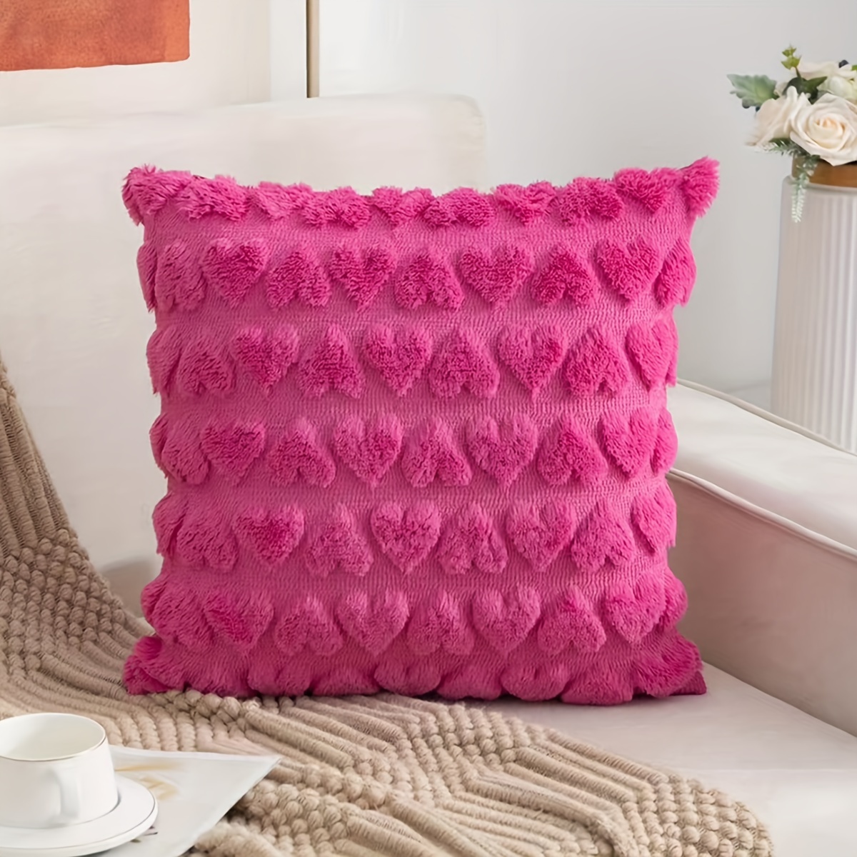 Set Of 1 Heart Love Cute Beige Decorative Throw Pillow Covers 18x18, Soft Plush Faux Fur Wool Pillow Covers For Couch Sofa Home
