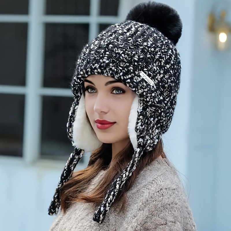 womens fleece winter hat detachable ear flaps pom pom trim Temu