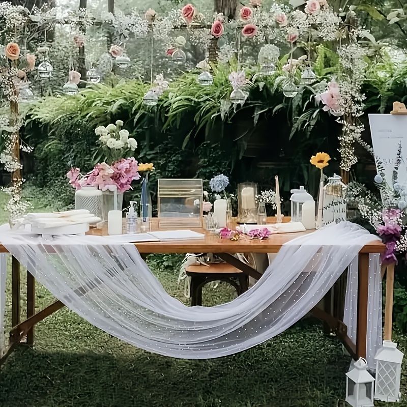 Pearl Tulle Table Cloth Elegant Polyester Table Runner With Artificial Pearl Chiffon Cheesecloth Table Runner For Wedding Birthday Party Christmas Halloween Thanksgiving Decoration