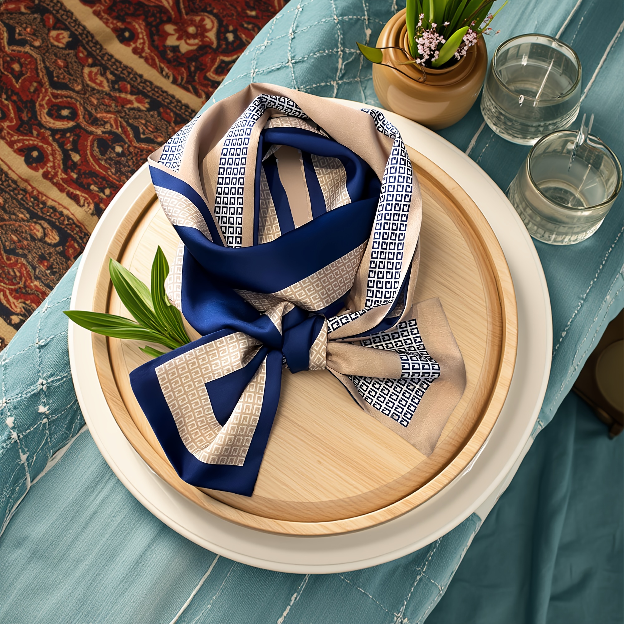 1pc Elegant Polyester Square Scarf For Women - Decorative Satin End, Luxurious Printed Design, Non-elastic, Suitable For Going Out - Windproof And Towel With No Feathers