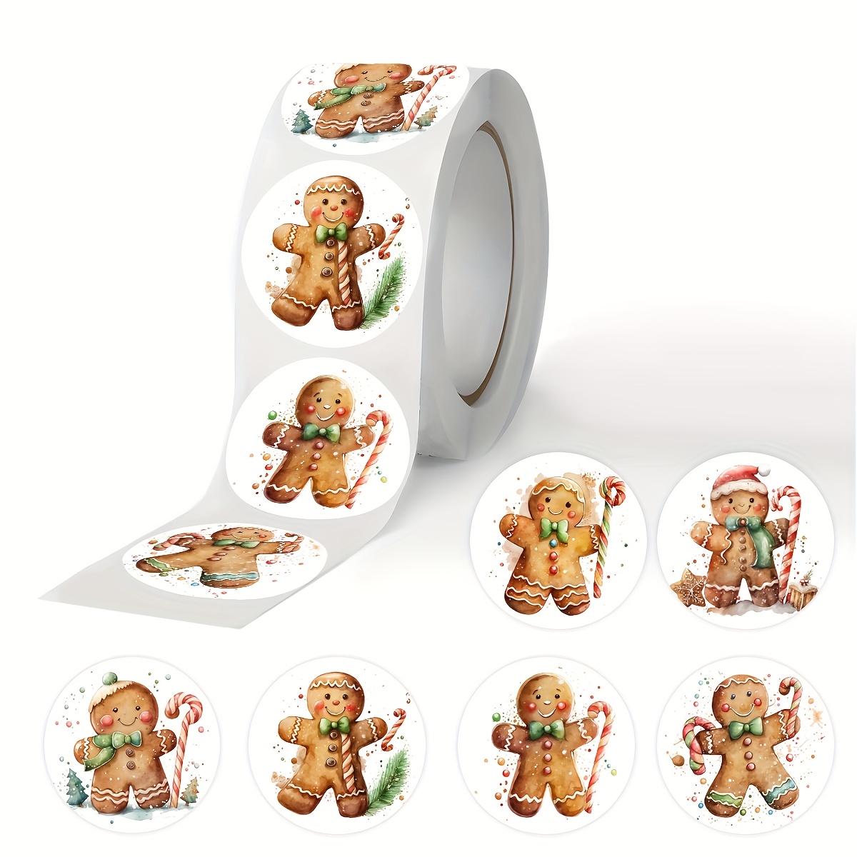 Image of 500pcs Of Christmas Sticker Rolls - Festive Designs Featuring Cartoon Gingerbread Man Patterns, Suitable For Envelopes, Scrapbooking, And Sealing - Self-adhesive Paper Labels