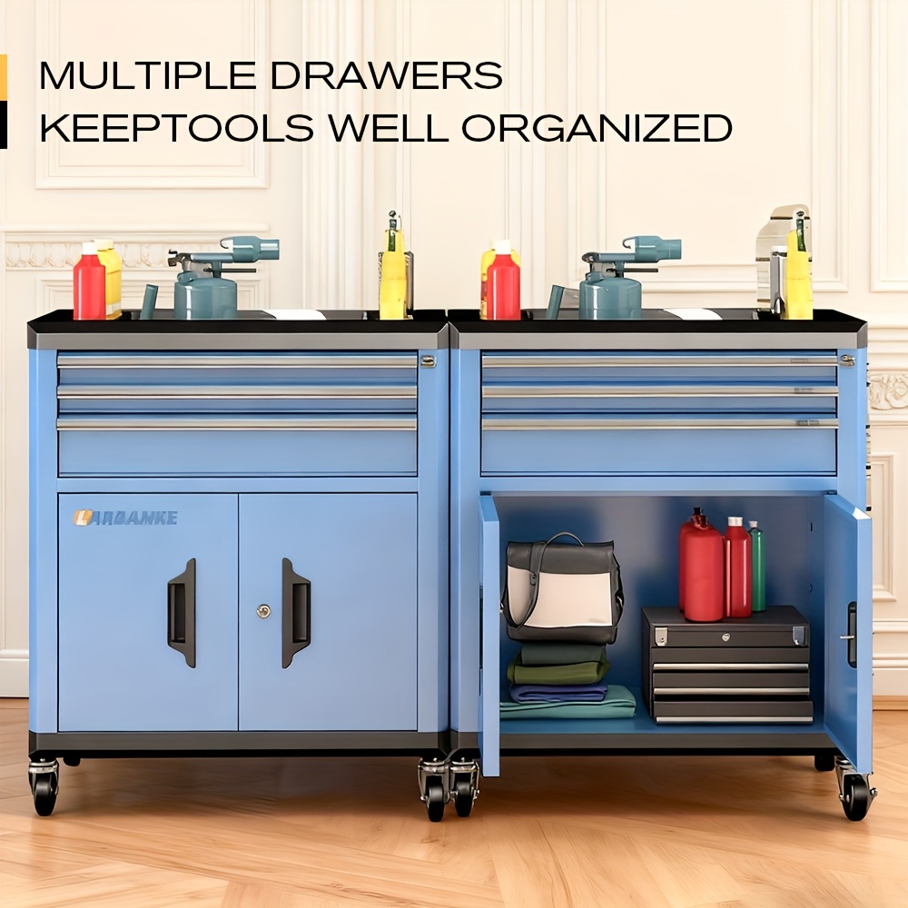 item picture 3-Drawer And 2-Door Tool Storage Cabinet, Tool Chest Featuring a Locking Mechanism And 360° Wheels, Organizer Box for Garage, Warehouse, And  