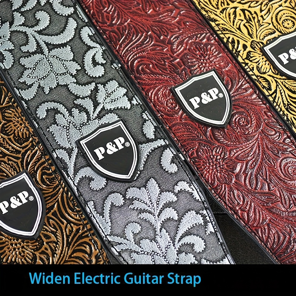 6.35 Cm Guitar Strap Genuine Faux Leather Adjustable Soft Embroidered Belt For Classical Bass Music Hobby Guitar Accessories (Random Pattern)