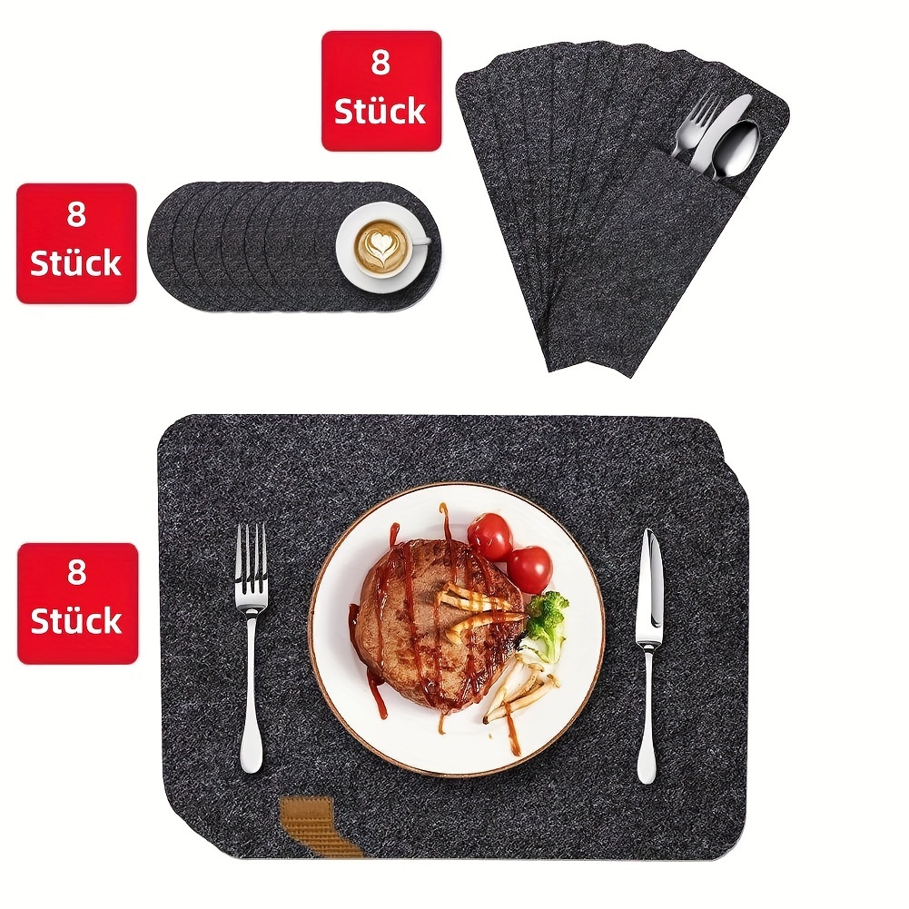 

24pcs Table Placemat, 8 Placemats, 8 Underlays, 8 Utensil Pouches, Washable Felt Material, Easy To Clean, Heat Resistant & Wrinkle-free For Kitchen & Outdoor Tables, Dark Grey