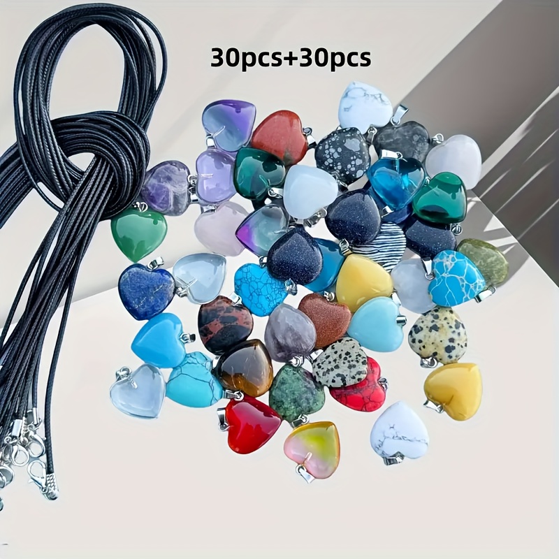 Image of 60pcs Set, Random Stone Heart-shaped Pendant Necklace, Black Necklace - For Jewelry And Daily Accessories - Gift