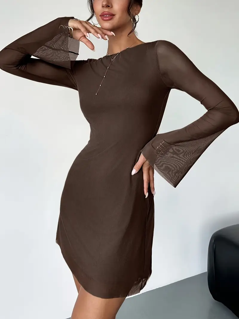 womens knee length semi sheer long sleeve dress lining solid - Temu Oman womens knee length semi sheer long sleeve dress lining solid - Temu Oman