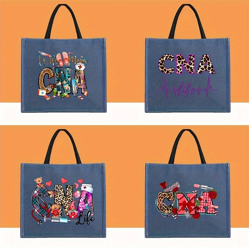 

Denim Cna Themed Tote Bags, Stylish Nurse Print, Large Capacity Shoulder Shopping & Picnic Bags