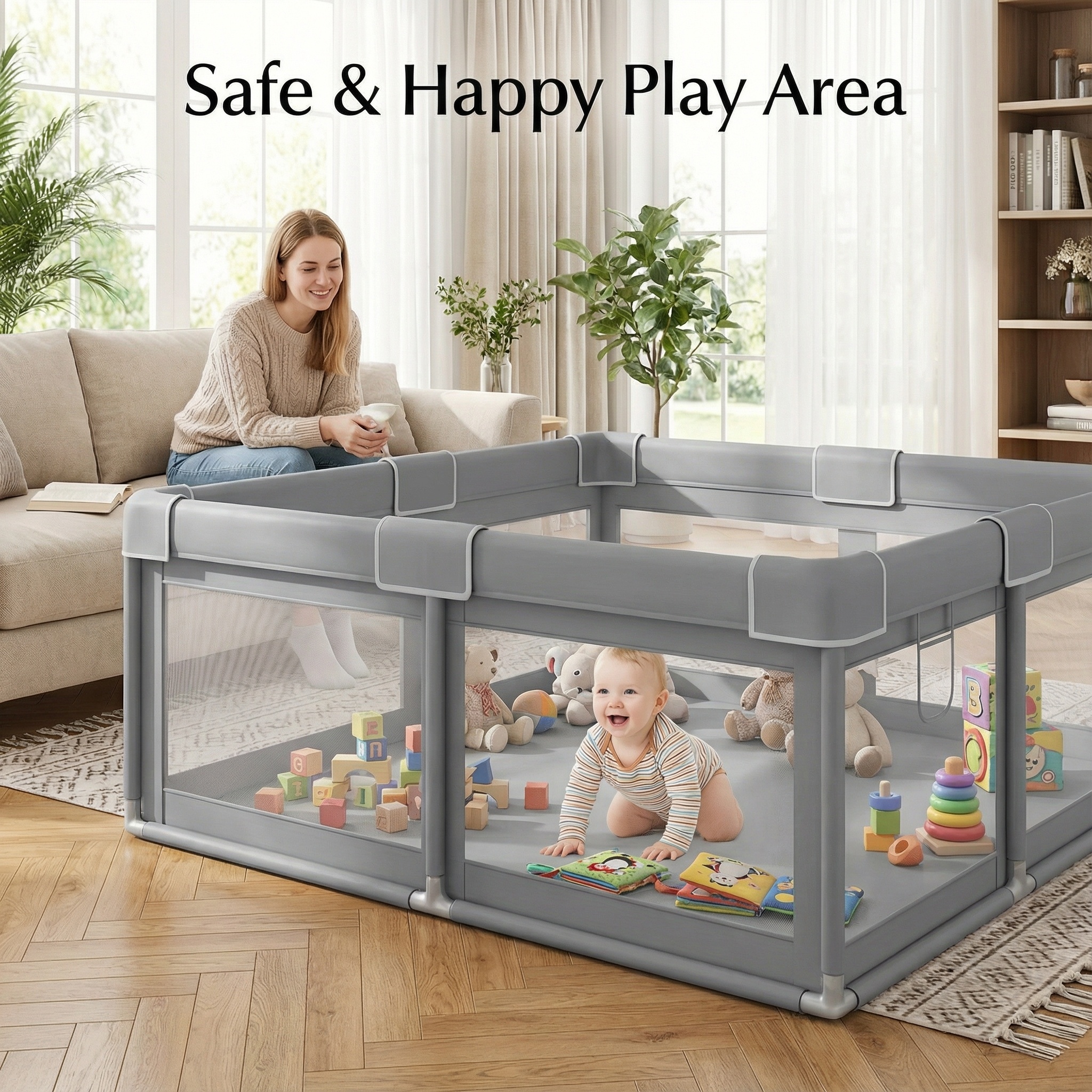 Baby Playpen 50X50 Inch, Play Pens for Babies And Toddlers Baby Fence Baby Play Yards for Indoor & Outdoor with Breathable Mesh Anti-Fall Playpen