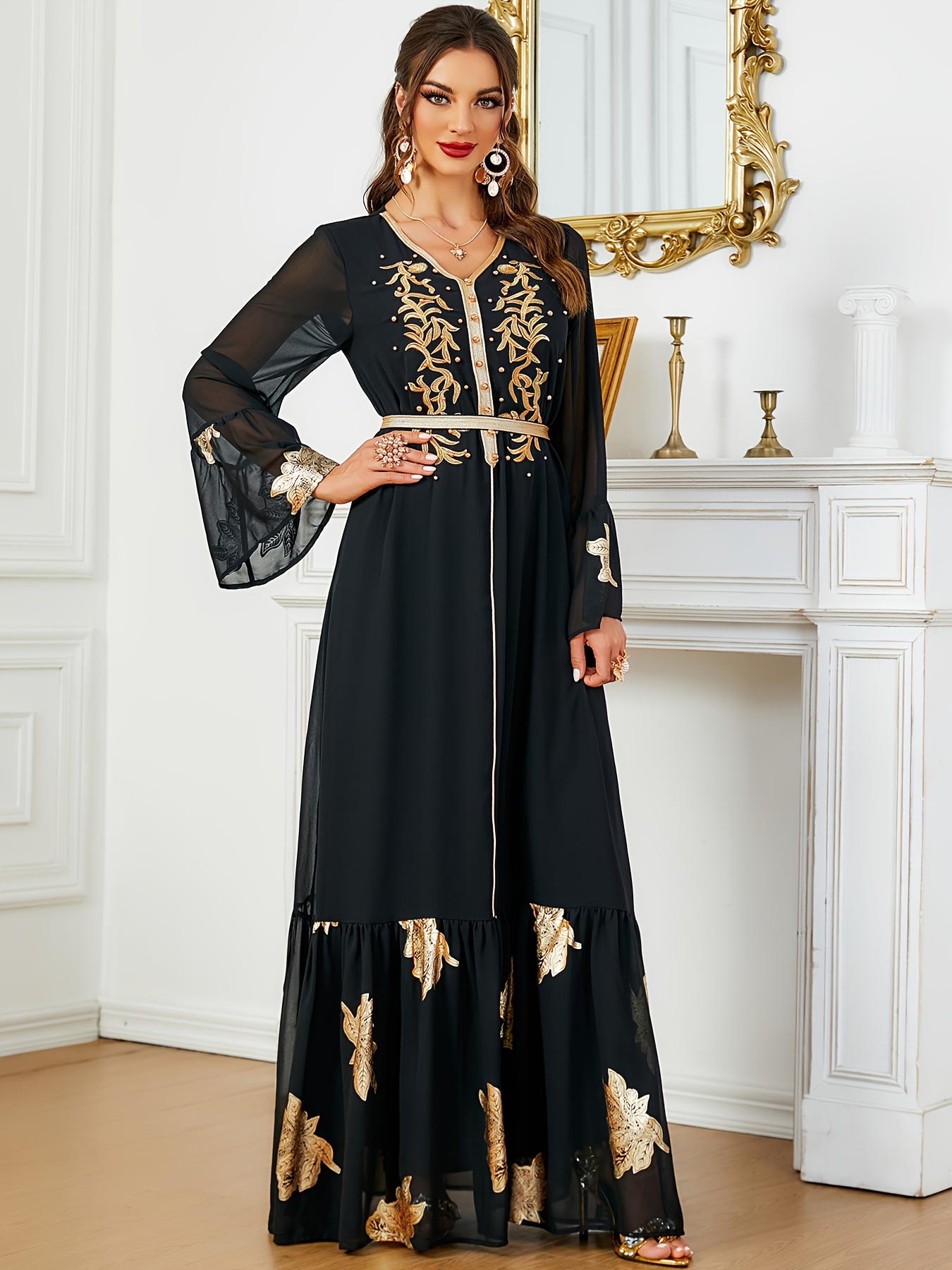 womens elegant embroidered long sleeve maxi dress 100 - Temu Saudi Arabia