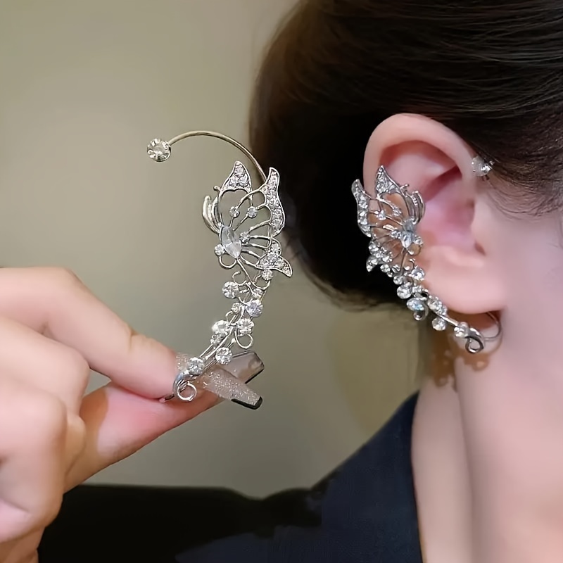 

2pcs/set Trendy Minimalist Style Hip Hop Hollow Butterfly Ear Climber, Elf Ear Alloy Rhinestone Decor Ear Wrap Luxury Jewelry Decoration Jewelry Gift