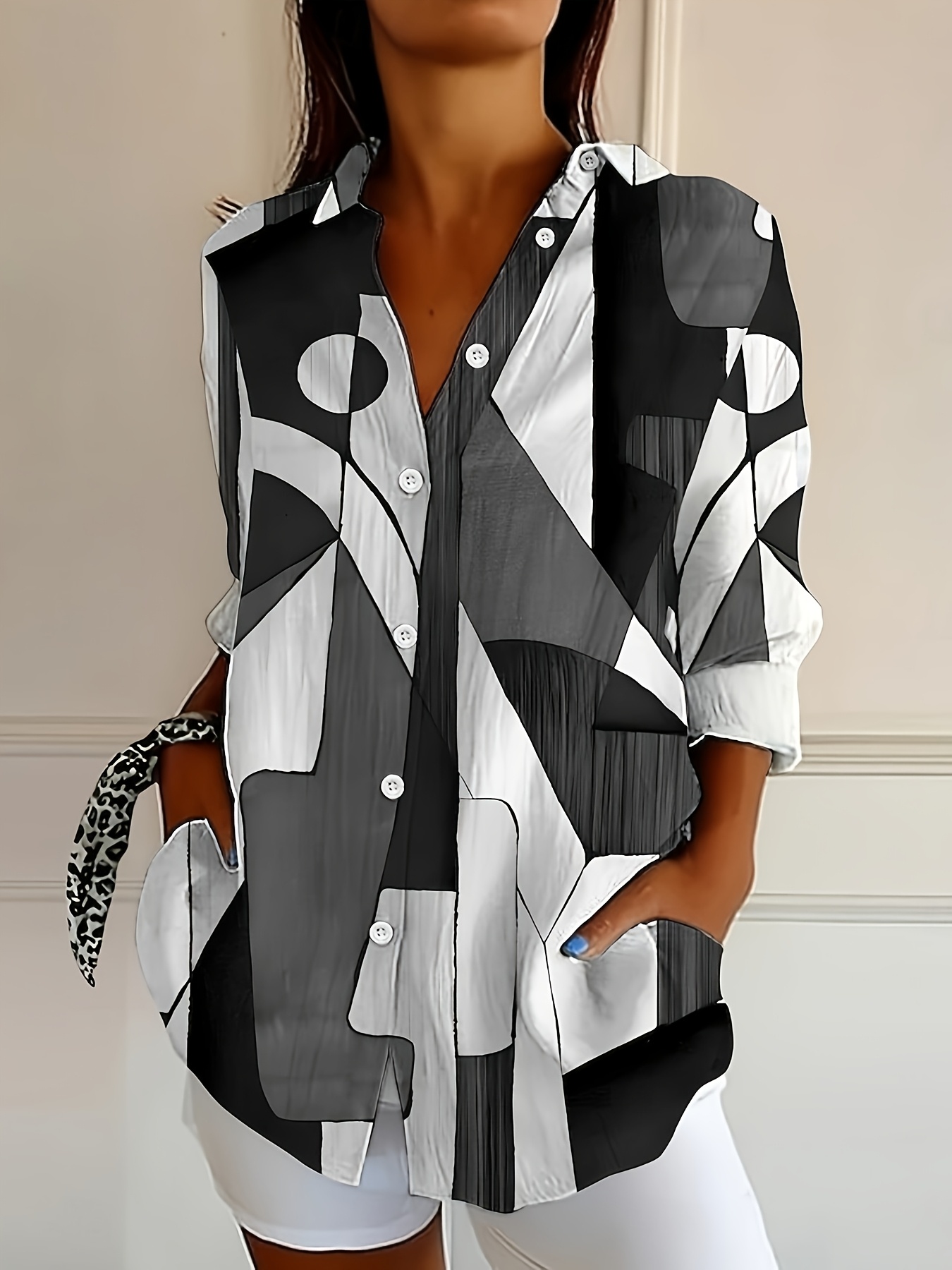 womens button collar long sleeve shirt geometric abstract vintage   regular top printed for workdays and holidays spring and autumn