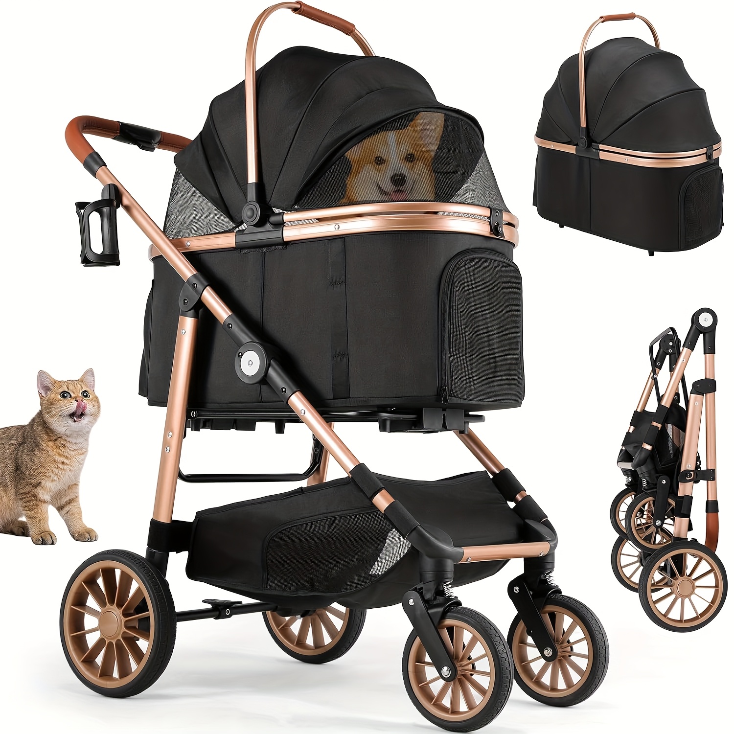 TEMU 4-in-1 Cat Stroller, 360Â° Rubber Wheels With Vibration Dampening, Stroller For Pets Up To 25 Kg, Foldable Dog Stroller, Cat Transport Box, Mesh