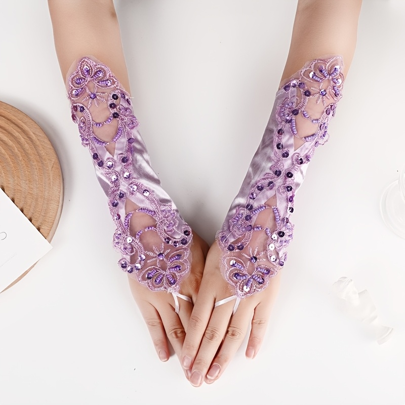 TEMU Guantes de boda para novia, guantes de malla para mujer, sin dedos, lentejuelas, encaje, bordado, guantes de satén multicolores, , cubierta de