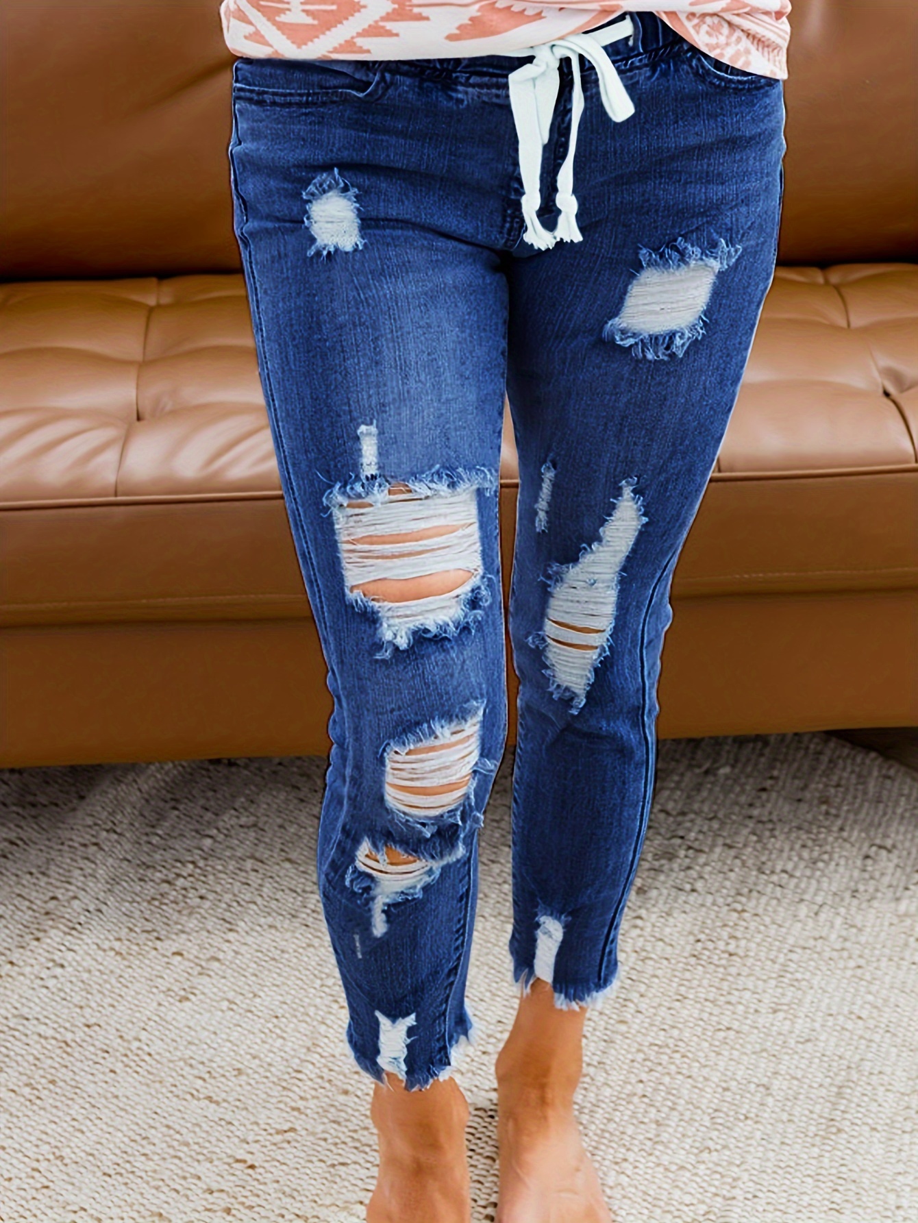 Women's Casual Elastic Waist Drawstring Ripped Jeans with Stretch Fit  Denim Pants for and Parties for fall winter