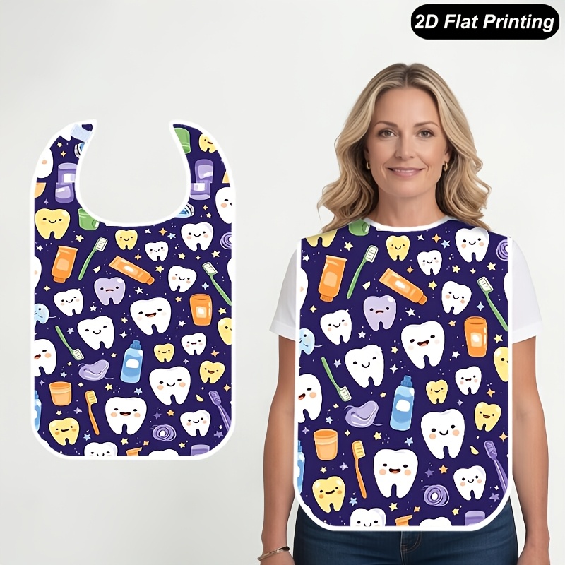 TEMU 1 babero para adultos, unisex para personas mayores, babero con estampado dental de dibujos animados de dientes, estampado plano 2D, servilleta,