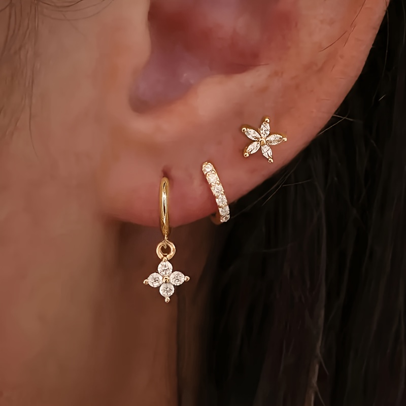 TEMU Parure de 6 boucles d'oreilles créoles élégantes à petites fleurs incrustées de cuivre et de synthétique, extrêmement petites et délicates, avec