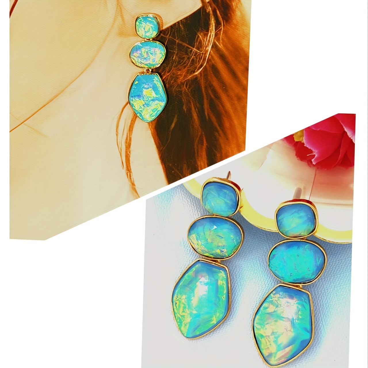 Women's Iridescent Aurora Effect Layered Earrings; Inlaid With Colored Resin; Suitable For Beach Vacations And Parties