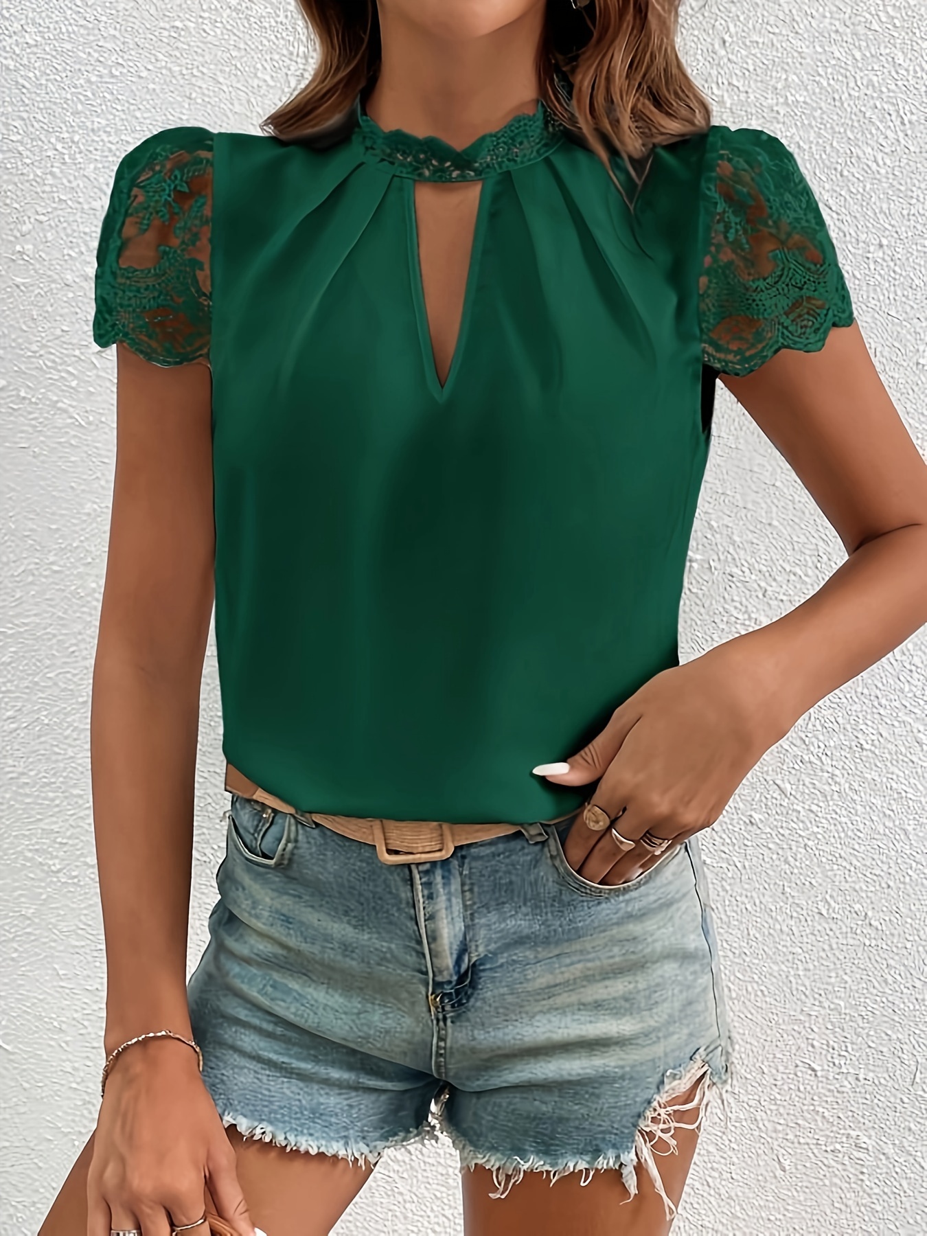 solid color mock neck blouse elegant contrast lace cut out short sleeve blouse for spring summer womens clothing green 2