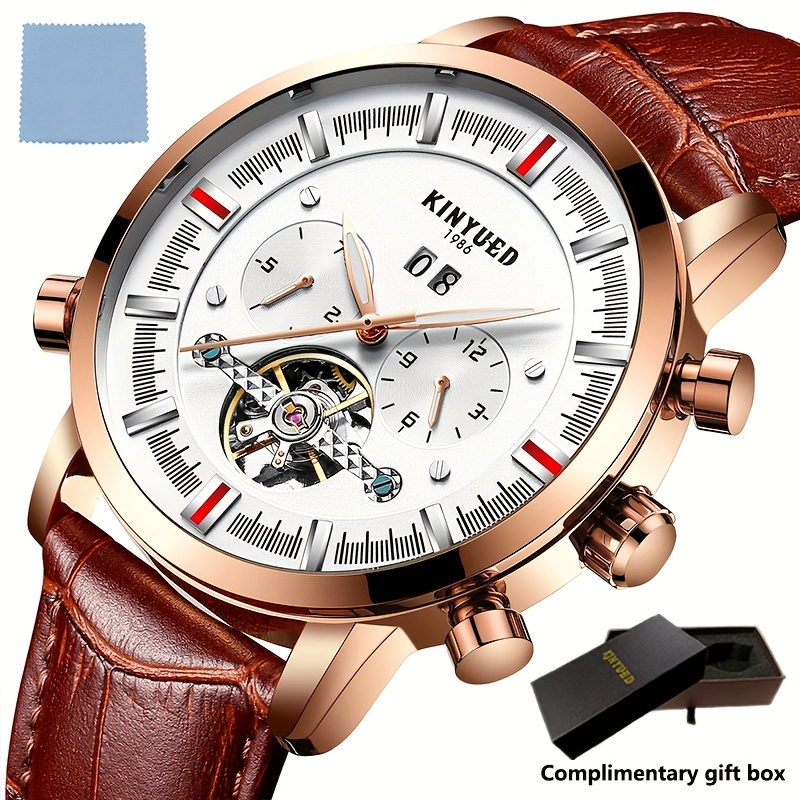 Image of [kinyued] Men's Casual Fashion Waterproof Watch, Luxury Large Dial Multifunctional Automatic Mechanical Watch, Holiday Gift, Without Battery