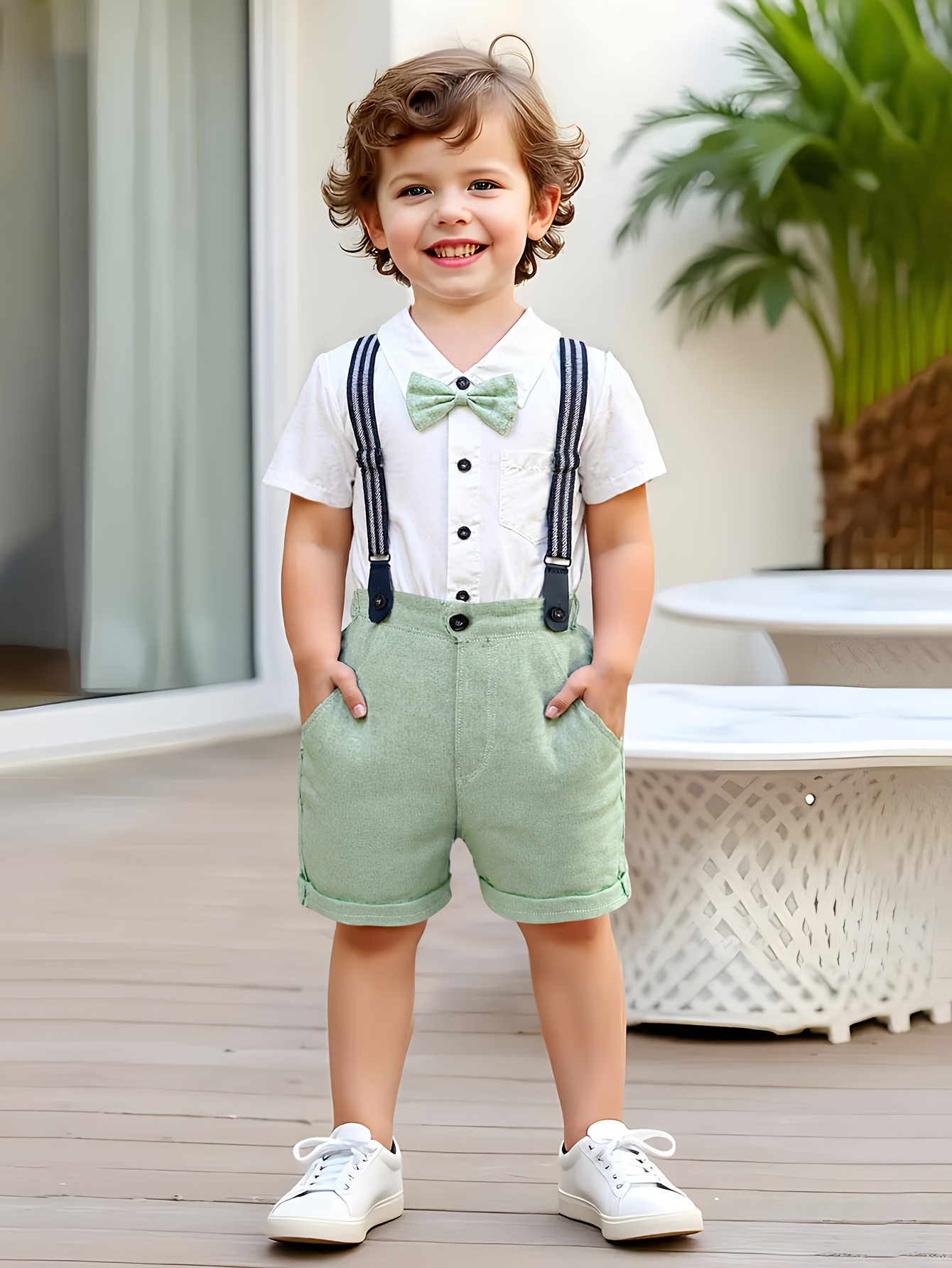 conjunto de   casual de verão para meninos com camisa de    , gravata- , calções e suspensórios.