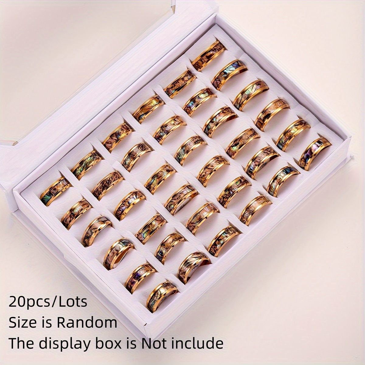 

Wholesale 20pcs/lot Fashion Gold Plated Sparkling Shell Stainless Steel Rings For Women Men Mix Style Wedding Party Finger Jewelry (size 17-21mm Random, Box Is Not Include)
