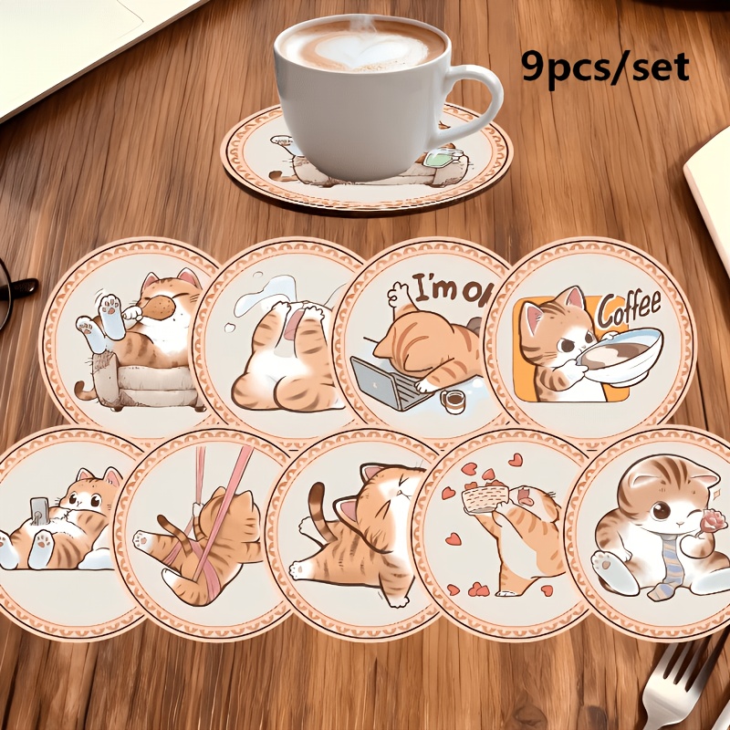 TEMU 9pcs Cute Cat Pattern Wooden Drink Coasters, Multifunctional Table Protectors For Various Drinkware. Exquisite Home Ornaments, Thoughtful Gifts