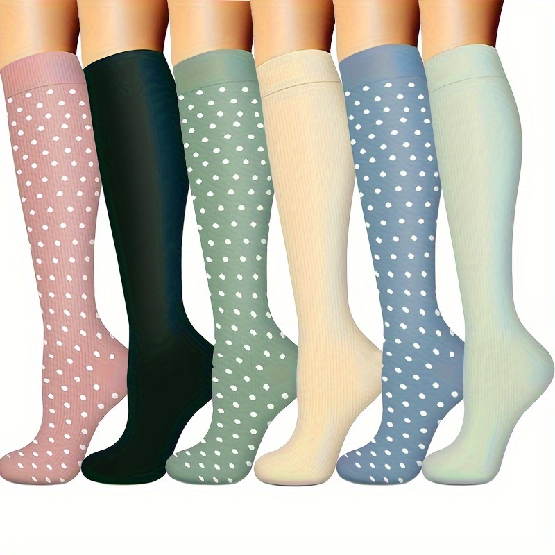 

6pcs Polka Dot Socks For Women - Knee High, Breathable & Supportive For Running, Cycling, Nurses & Pregnancy