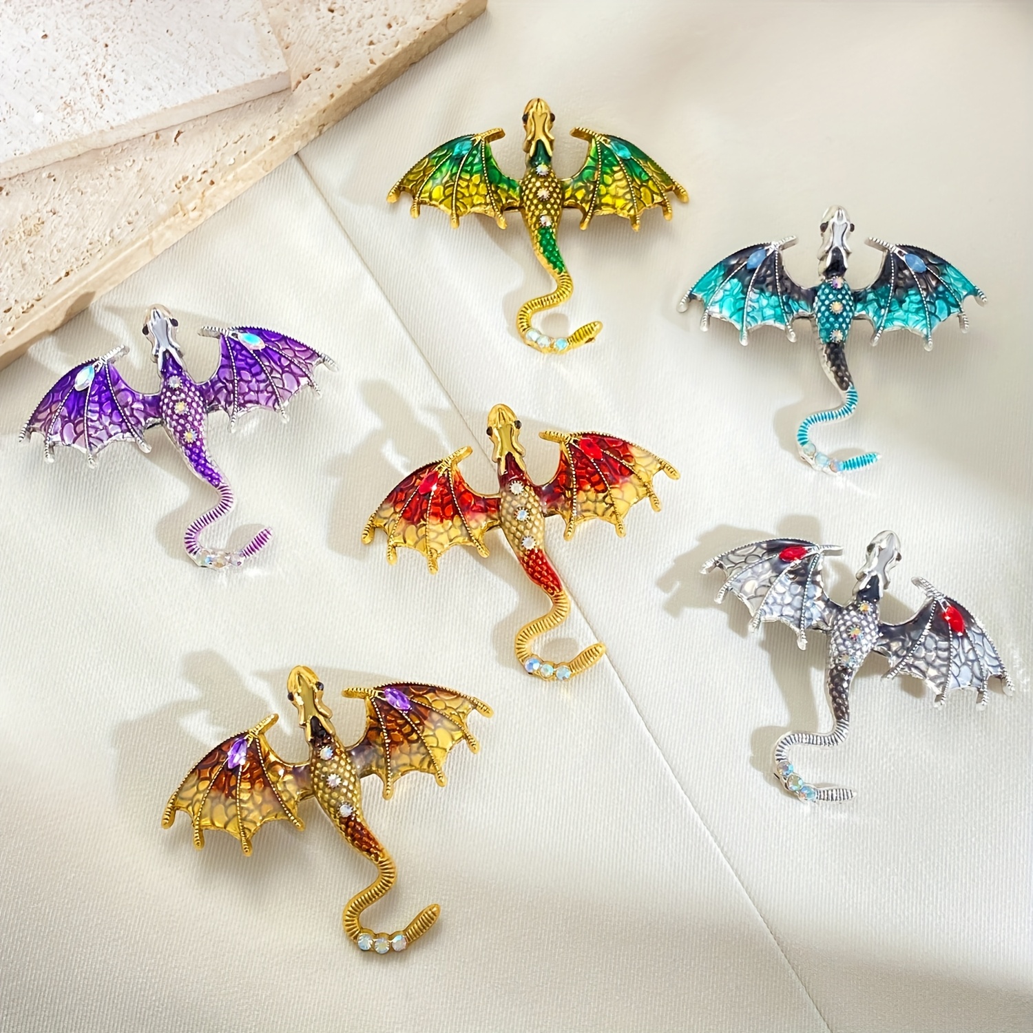 

6pcs Dragon Brooch Set, Alloy With Synthetic Cubic Zirconia, Exquisite Enamel Flying Dragon Design, For & Special Occasions