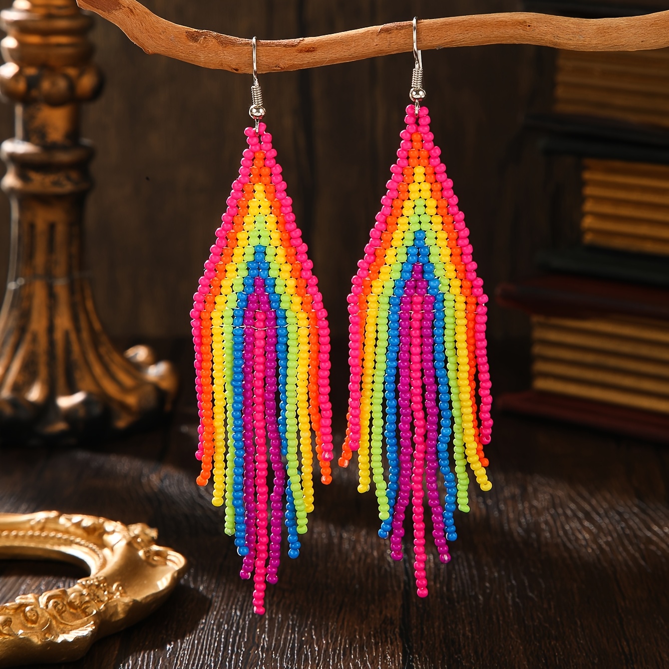 TEMU Boucles d'oreilles Bohèmes d'été à pompons multicolores faites à avec perles de riz Soul Colorful Soul, style pour voyage et vacances