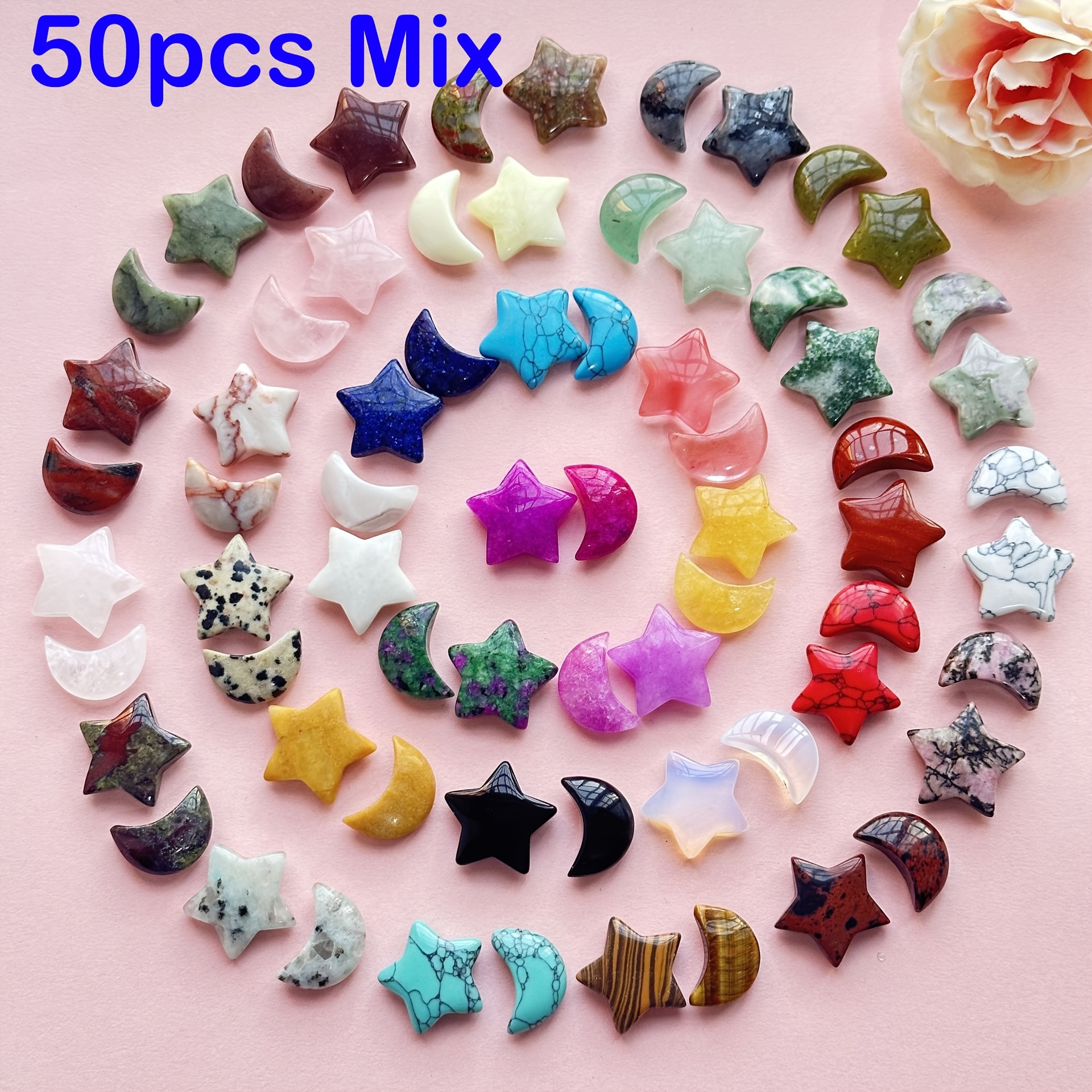 Image of Set Of 50 Assorted Natural Worry Stones Shaped Like And Stars, Small Crystal Gemstones, Palm-sized Quartz Stones, Ideal For Witchcraft Supplies And Jewelry Crafting