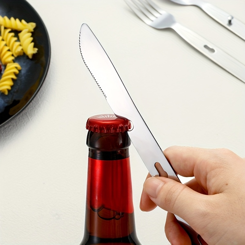 customize your text name 3pcs set bag silvery black golden colored stainless steel tableware knife   set outdoor portable western food knife fork picnic knife knife   that   fastened   can open bottles Product details 8