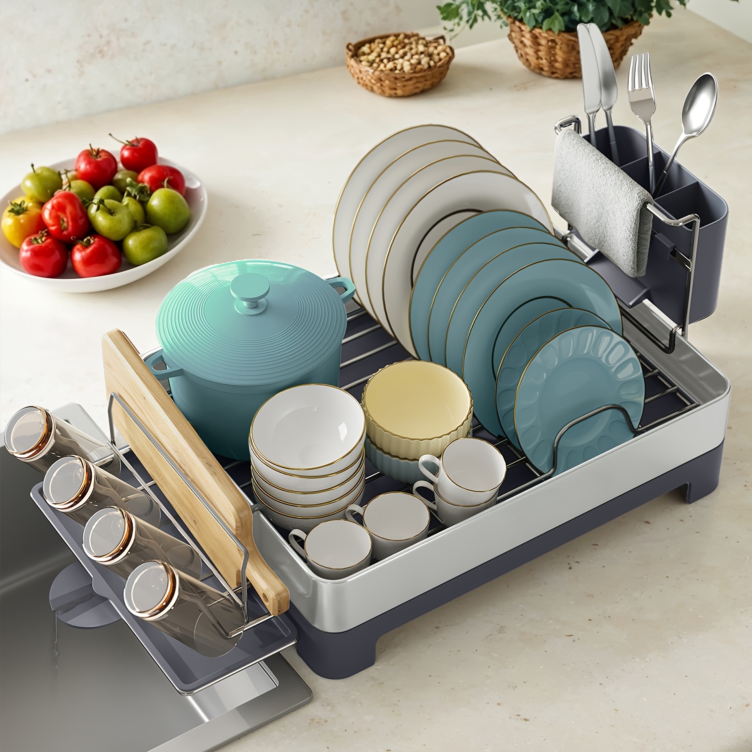 dish drying rack stainless steel dish rack with rotatable spout   fingerprint resistant dish drainers for kitchen counter 12 5 x 22 5in gray black utensil cup glass cutting board pan holders perfect gifts Product details 0