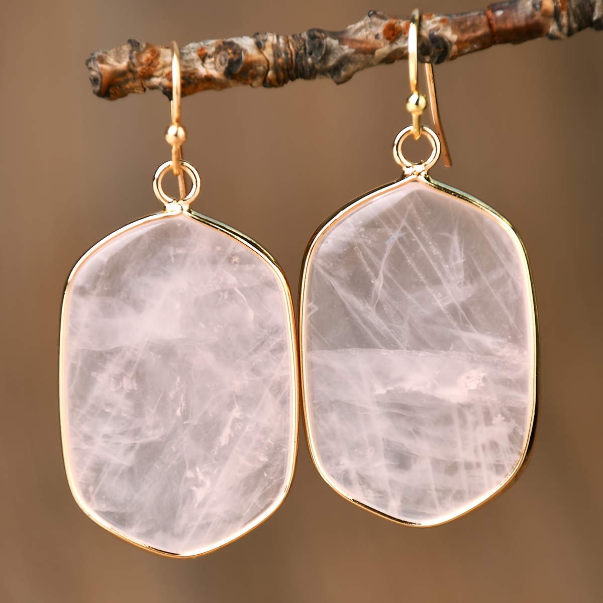 

Elegant Bohemian Style Rose Quartz Earrings - 1 Pair, Natural Stone Dangle Earrings For & Holiday, Ideal Gift