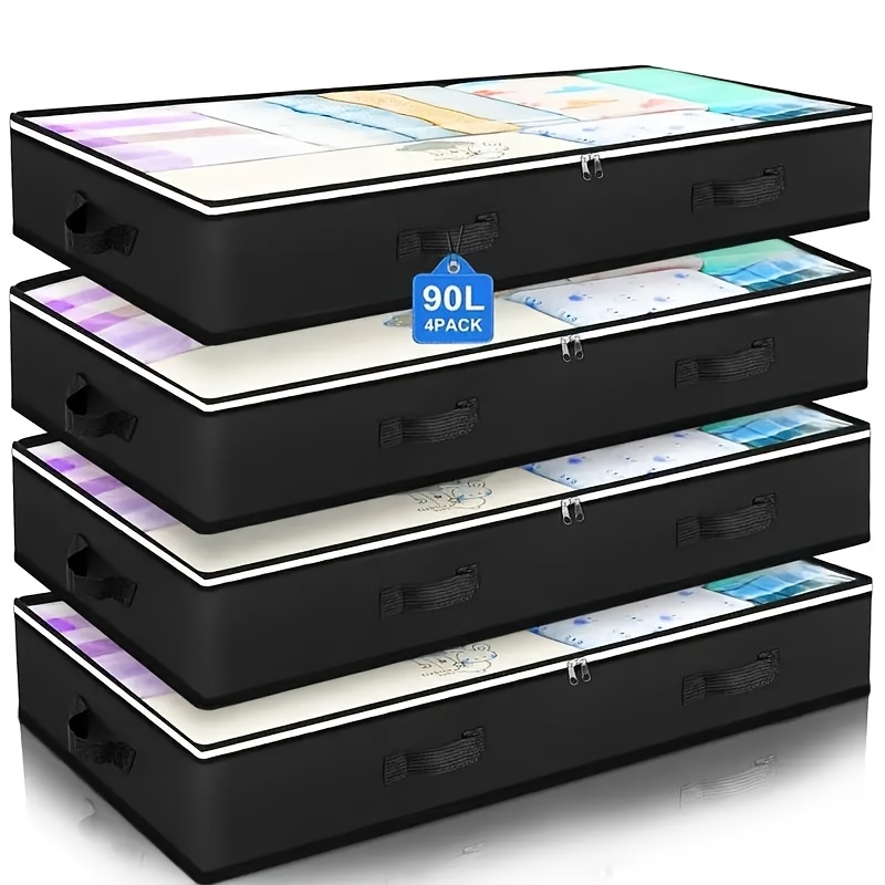 4pcs Set Of Transparent Under-bed Storage Boxes For, Shoes, Blankets, And Clothes Organizer With Durable Handles
