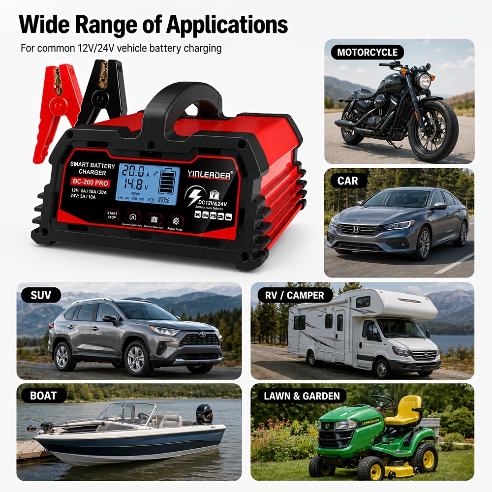 20A Smart Car & Marine Battery Charger with LCD Display