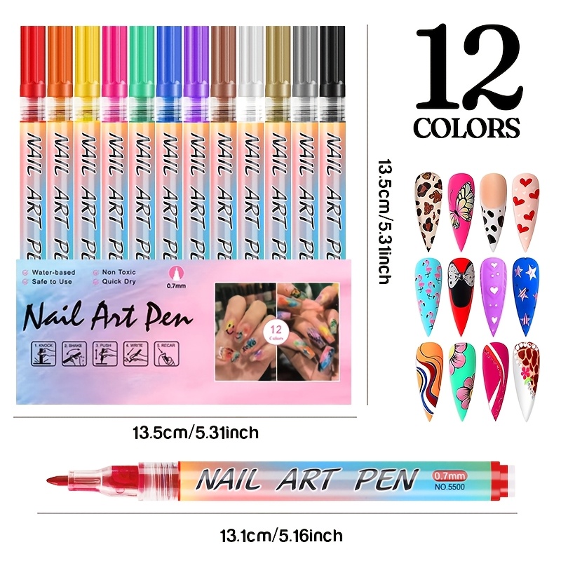E-shop 12 Farben Schnelltrocknender Nagelmarker & Zeichenstift mit Feiner Spitze für DIY-Nägel – Permanente 3D-Designs geeignet für Zuhause & Salon,